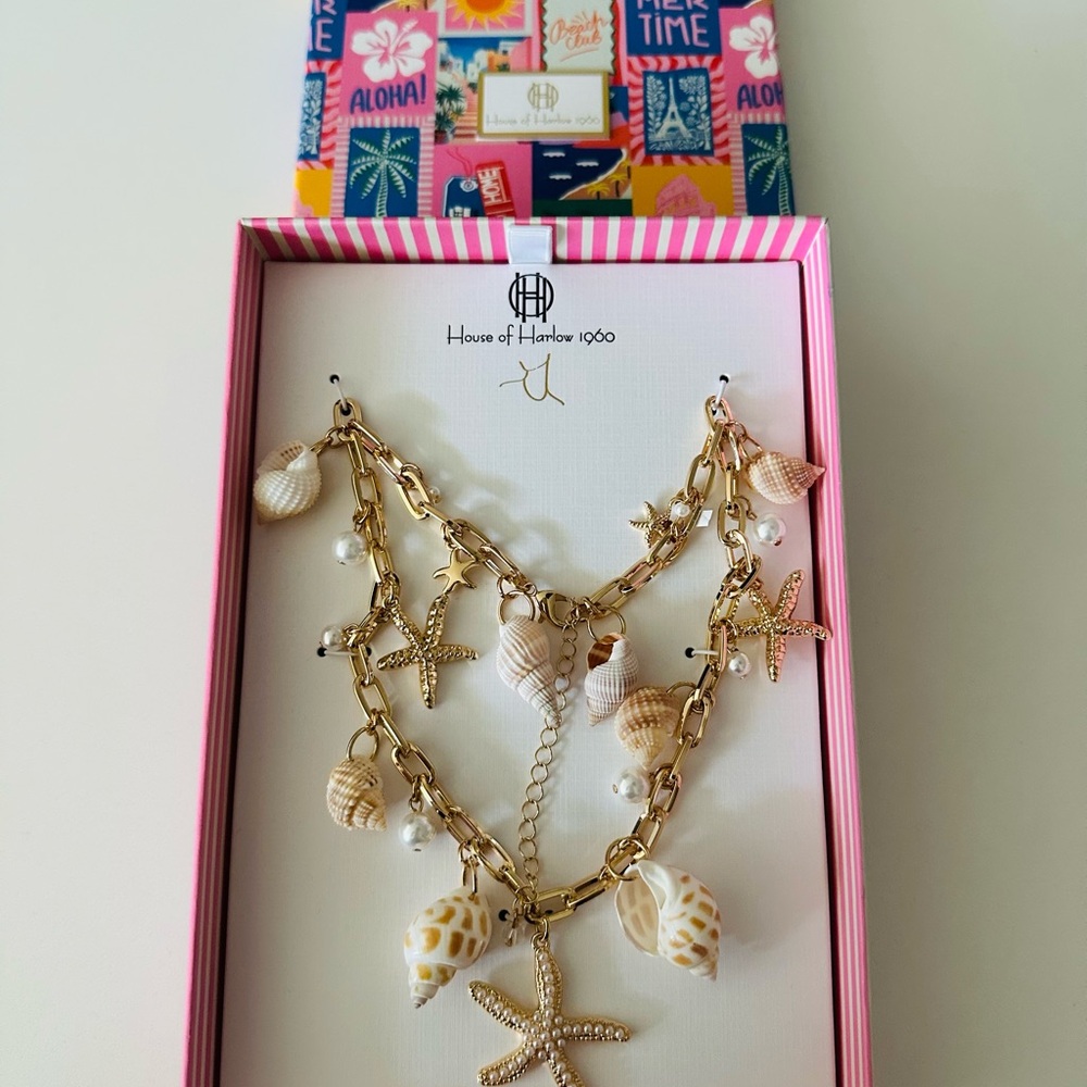 House of Harlow 1960 Gold and Cream Shell Charm Necklace